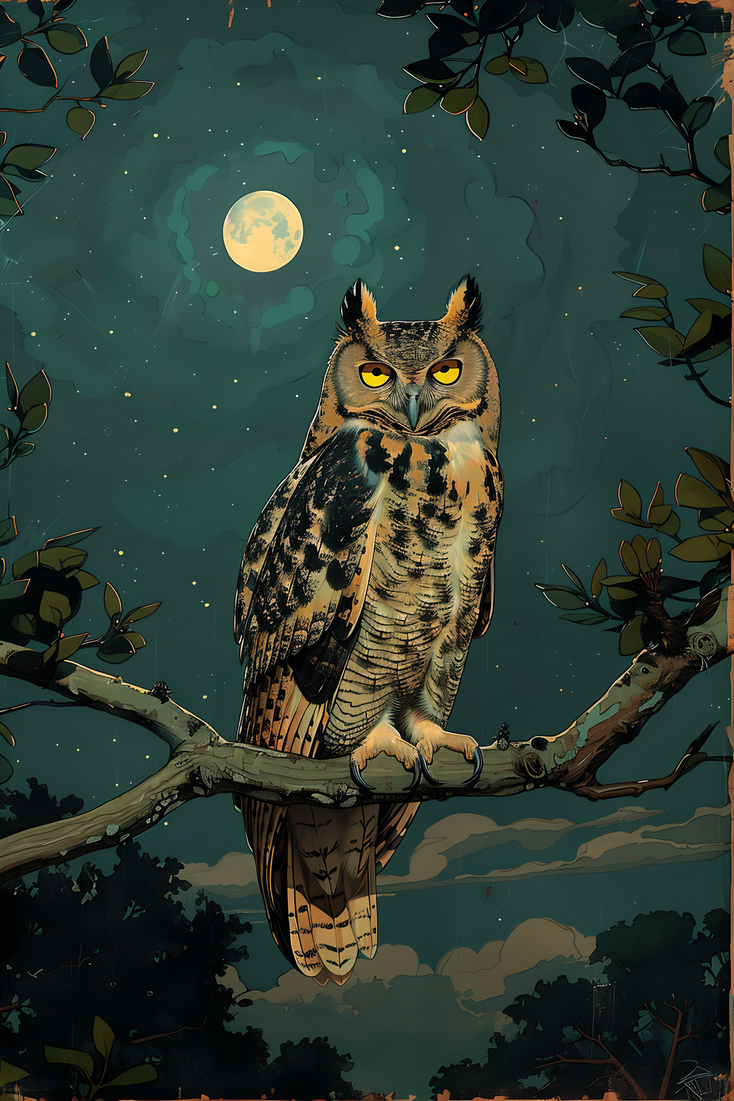 Cuadro decorativo Búho nocturno bajo la luna en canvas o poster